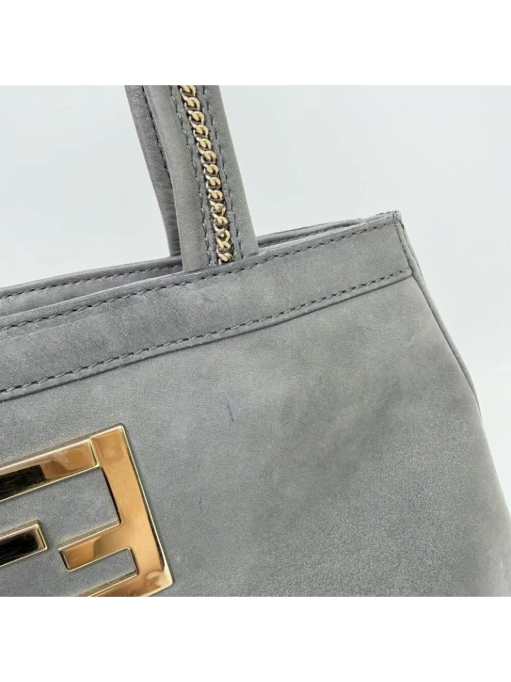 Fendi Nubuck FF Chain Tote Bag Leather Gray Gold Vintage